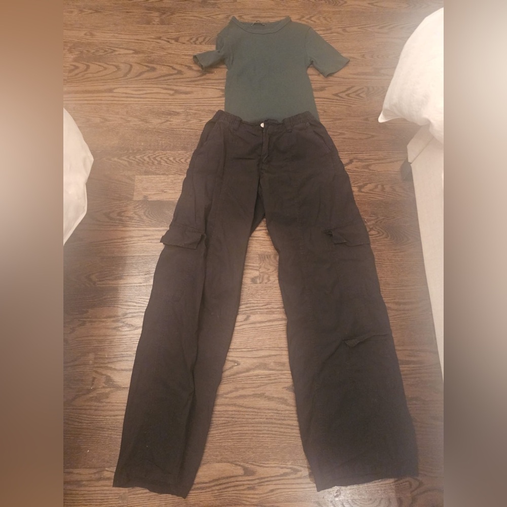 Zara Black Cargo Pants + Ribbed Tee Matching Set XS
